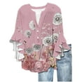 thumbnail image 1 of 3/4 Sleeve Tops for Women, Womens Tops, Ruffle 3/4 Sleeve Floral Blouses, Casual Loose V-Neck Button-up Front T Shirts, 2025 Trendy Business Dressy Work Blouse Tees Summer Tops , MR-19, L, 1 of 5