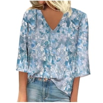 3/4 Sleeve Tops for Womens Dressy Casual Business Work Blouses Floral Printed V Neck Tshirts Fashion Summer Top Elegant Going Out Tunic Basic Tees Boho Beach Vacation Shirts Outfits