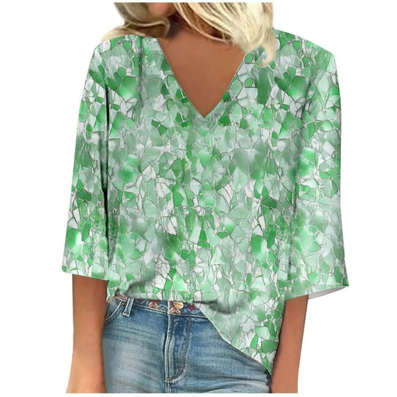 3/4 Sleeve Tops for Womens Dressy Casual Business Work Blouses Floral Printed V Neck Tshirts Fashion Summer Top Elegant Going Out Tunic Basic Tees Boho Beach Vacation Shirts Outfits
