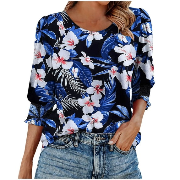 3/4 Sleeve Tops For Womens Floral Printed Smocked Cuffed Stretch Sleeve Tee Shirts Round Neck Tee Trends Lightweight Baggy Boho Dressy Shirts Bussiness Work T Shirts office Clothes