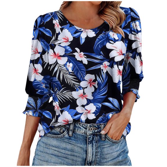 3/4 Sleeve Tops For Womens Floral Printed Smocked Cuffed Stretch Sleeve Tee Shirts Round Neck Tee Trends Lightweight Baggy Boho Dressy Shirts Bussiness Work T Shirts office Clothes