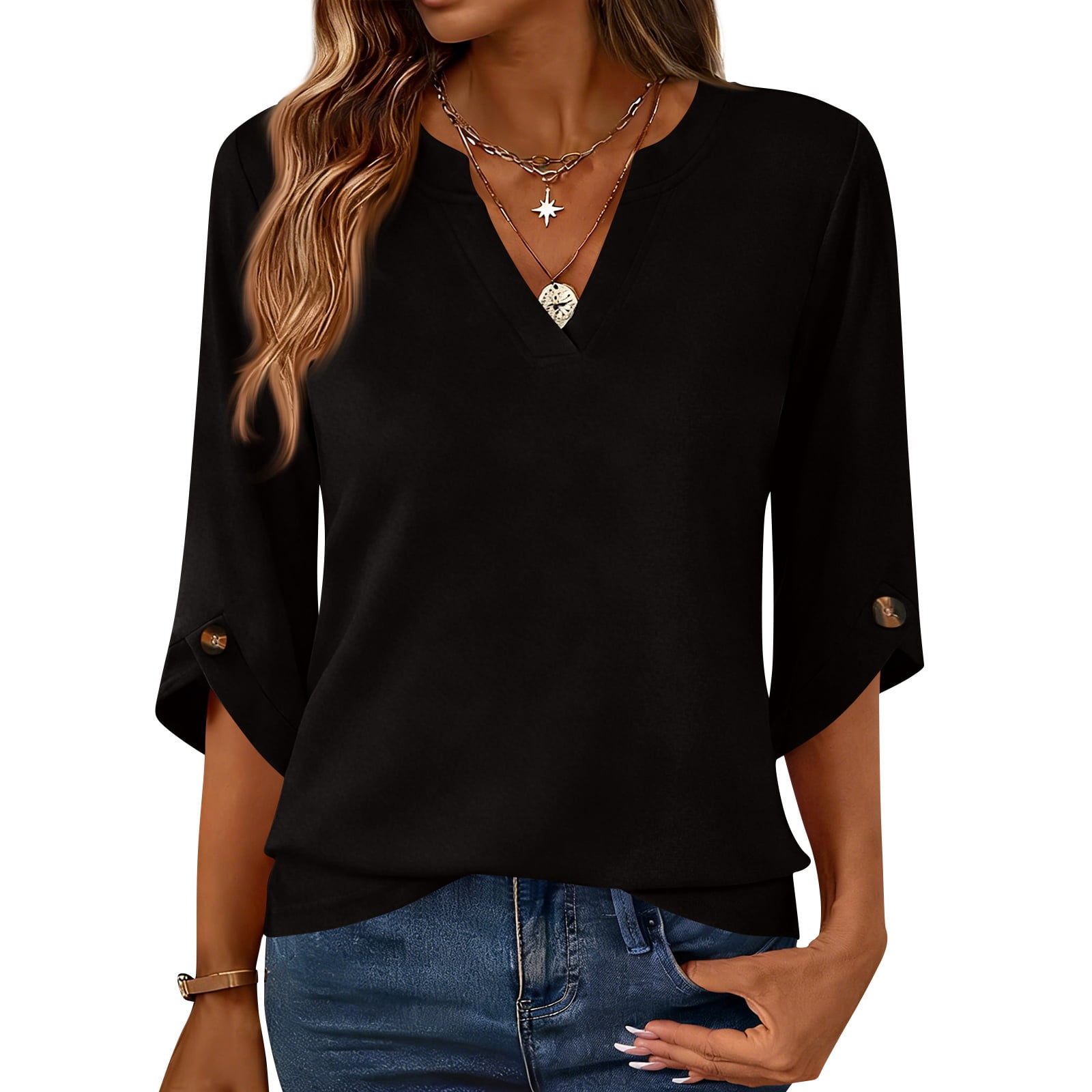 3/4 Sleeve Tops Womens with Buttons V-Neck Summer Casual Blouses Shirts ...