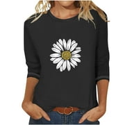 3/4 Sleeve Tops for Women 2024 Summer Daisy Sunflower Casual Blouses Loose Fit Ladies Dressy Crewneck Tunic T-Shirts