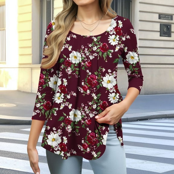 3/4 Sleeve Tops for Women 3/4 Sleeve Floral Printing Round Neck Plus Size T-shirt Casual Blouse,Womens Tops Wine