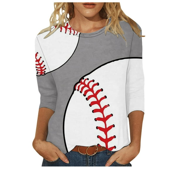 3/4 Sleeve Tops for Women Baseball Print Trendy Dressy Crew Neck Blouses Plus Size Casual 2024 Summer T-Shirts