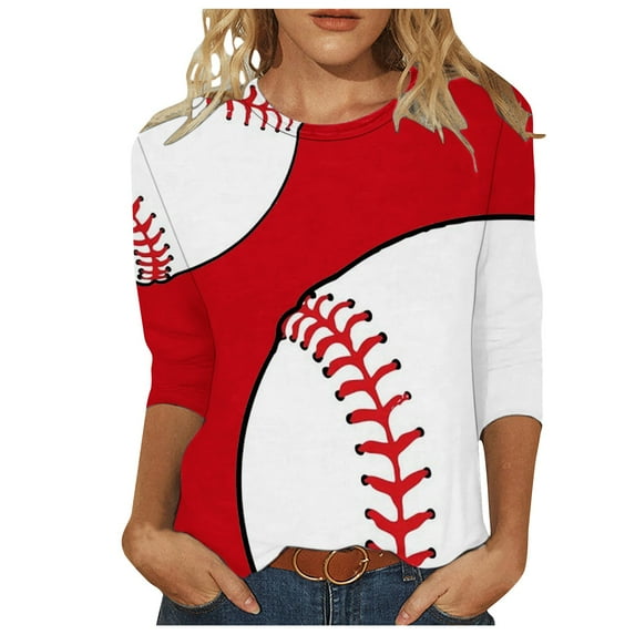 3/4 Sleeve Tops for Women Baseball Print Trendy Dressy Crew Neck Blouses Plus Size Casual 2024 Summer T-Shirts