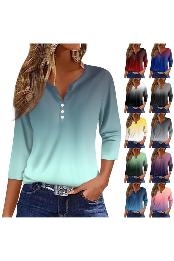 3/4 Sleeve Tops for Women Casual Button Vneck Tshirts Shirts Three Quarter Length Work Blouse Tie Dye Shirt Women Yellow M