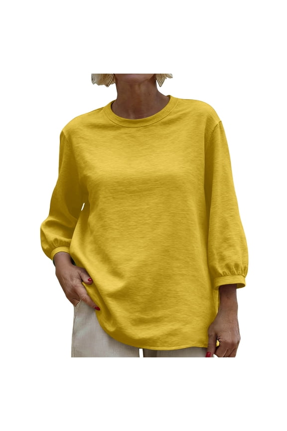3/4 Sleeve Tops for Women Casual Crew Neck Casual Puff Sleeves Loose Fit Comfy Shirts Solid Spring Summer T-Shirt (2XL, Yellow)