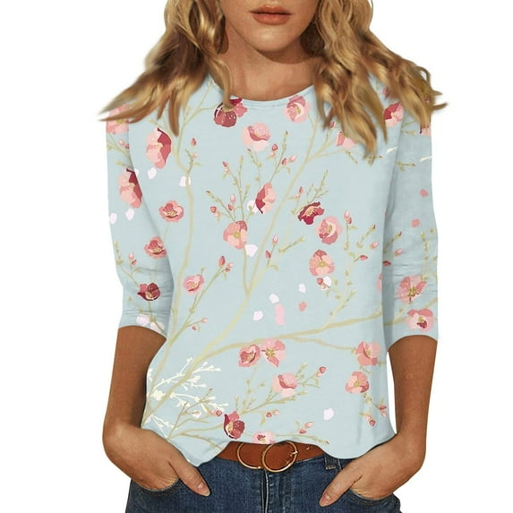 3/4 Sleeve Tops for Women Casual Crew Neck Shirts Summer T Shirt Basic Loose Fit Tee Blouses Trendy Floral T-shirts