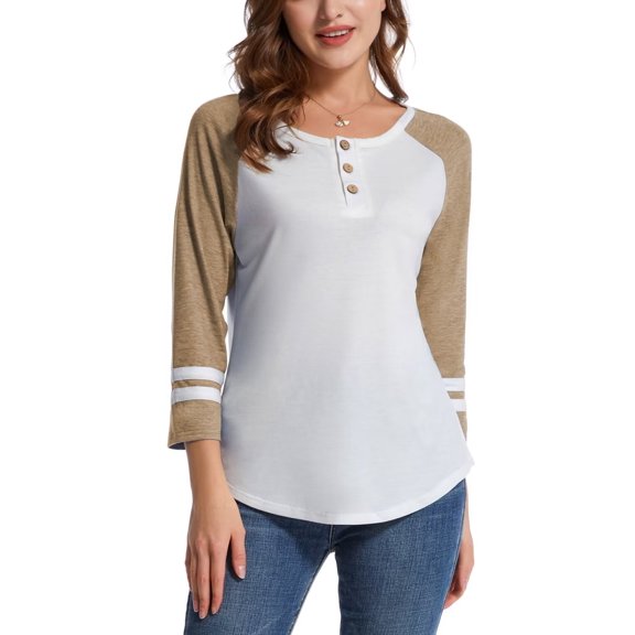 3/4 Sleeve Tops for Women Casual Crewneck Color Block Blouse Raglan Henley T Shirt(Coffee XL)
