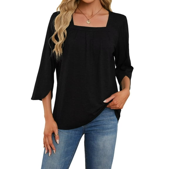 3/4 Sleeve Tops for Women Casual Shirt Pleated Square Neck Tunic Blouse Dressy Split sleeve Loose T Shirts(Black S)