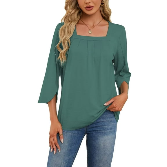 3/4 Sleeve Tops for Women Casual Shirt Pleated Square Neck Tunic Blouse Dressy Split sleeve Loose T Shirts(Blue S)