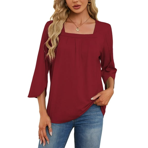 3/4 Sleeve Tops for Women Casual Shirt Pleated Square Neck Tunic Blouse Dressy Split sleeve Loose T Shirts(Red S)