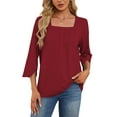 thumbnail image 1 of 3/4 Sleeve Tops for Women Casual Shirt Pleated Square Neck Tunic Blouse Dressy Split sleeve Loose T Shirts(Red XL), 1 of 6