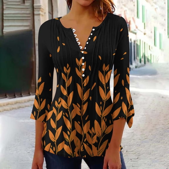 3/4 Sleeve Tops for Women Casual Spring Ruffled V Neck T Shirts Three Quarter Length Work Blouses Dressy Tunic Tops 2025 Orange M