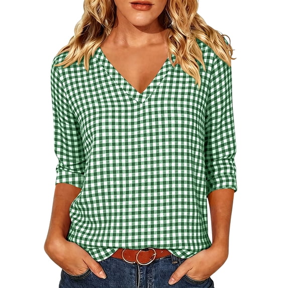 3/4 Sleeve Tops for Women Casual Trendy Graphic Tee Shirts V Neck Loose Fit Plaid Printed Base Tshirts (L, Green)
