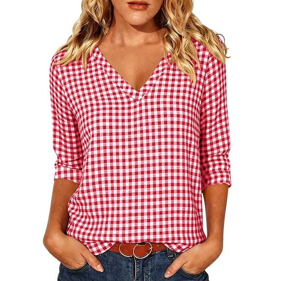 3/4 Sleeve Tops for Women Casual Trendy Graphic Tee Shirts V Neck Loose Fit Plaid Printed Base Tshirts (L, Red)