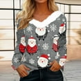 3/4 Sleeve Tops for Women Christmas Furry Trim V Neck Sweatshirt Santa