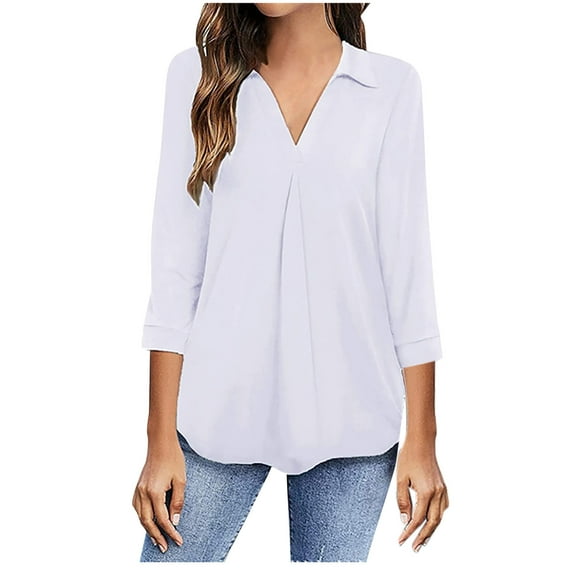 3/4 Sleeve Tops for Women Collared V Neck Solid Color Casual Work Office Shirts Loose Soft Summer Fall Blouse Tee