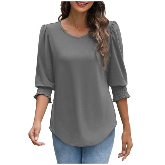 3/4 Sleeve Tops for Women Crew Neck Casual Summer Solid Color Blouse Tunic Pullover Tops