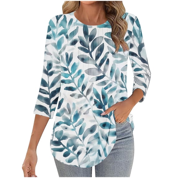 3/4 Sleeve Tops for Women Crew Neck Casual Women's Tunic T-Shirts Floral Printed Shirts Green XXL