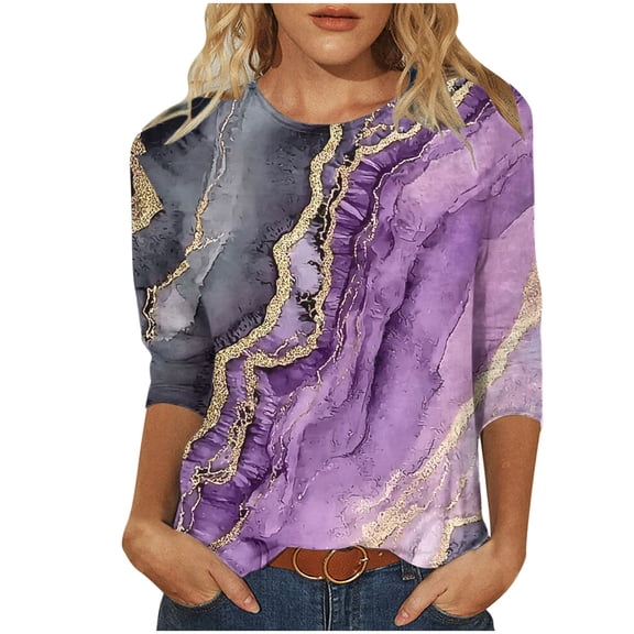 3/4 Sleeve Tops for Women Crew Neck Graphic Printed Base Tee Shirt Loose Spring Fall Summer Casual Outfits (3XL, Purple)