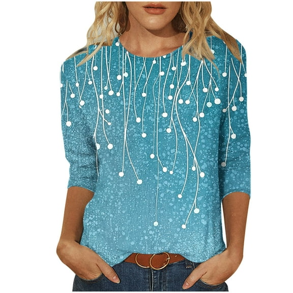 3/4 Sleeve Tops for Women Crew Neck Graphic Printed Base Tee Shirt Loose Spring Fall Summer Casual Outfits (M, Blue 01)