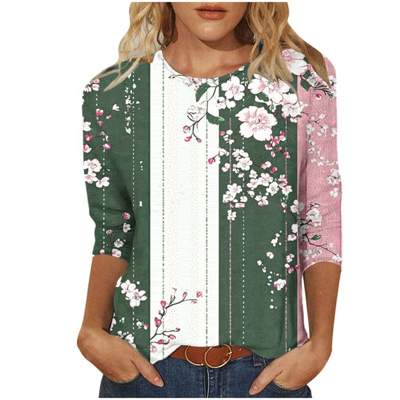 3/4 Sleeve Tops for Women Crew Neck Graphic Printed Base Tee Shirt Loose Spring Fall Summer Casual Outfits (M, Multicolor)
