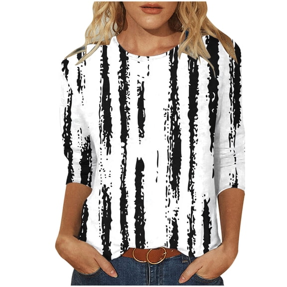 3/4 Sleeve Tops for Women Crew Neck Graphic Printed Base Tee Shirt Loose Spring Fall Summer Casual Outfits (M, White 01)