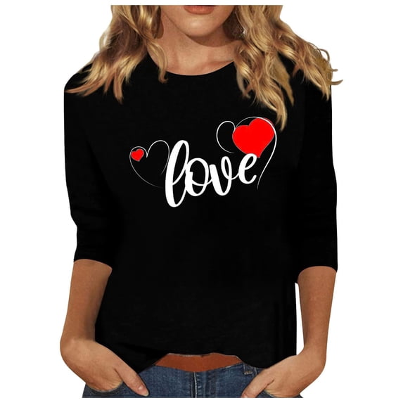 3/4 Sleeve Tops for Women Cute Crew Neck Love Graphic Printed Tunic T Shirts Casual Tee Valentine's Day Gift for Girls (Black,M)
