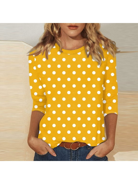3/4 Sleeve Tops for Women Cute Crewneck Polka Dots Printed Tunic Shirts Dressy Casual Blouses Fall Fashion Clothing