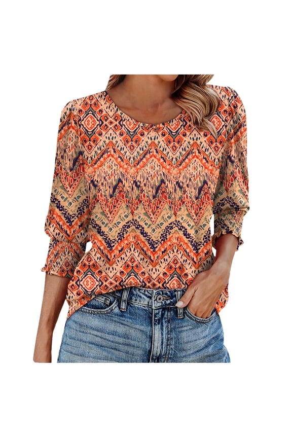 3/4 Sleeve Tops for Women Dress Casual Smocked Shirts Summer Business Work Loose Blouses Graphic Fashion Pullover, Multicolor, XL