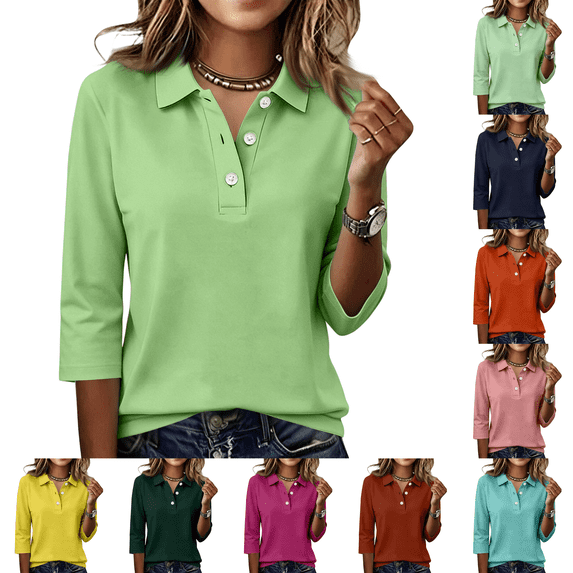 3/4 Sleeve Tops for Women Dressy Casual Collared Button Polo Golf Shirts Lightweight Athletic Blouses
