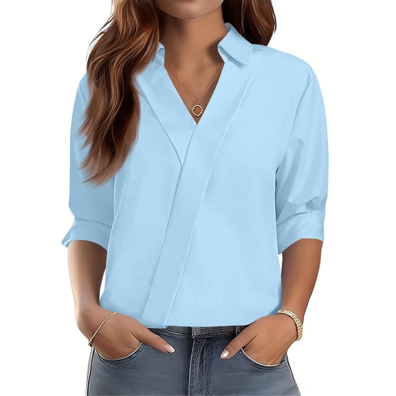 3/4 Sleeve Tops for Women Dressy Casual Loose V Neck Collared Shirts Trendy Business Three Quarter Work Blosue Light Blue XL