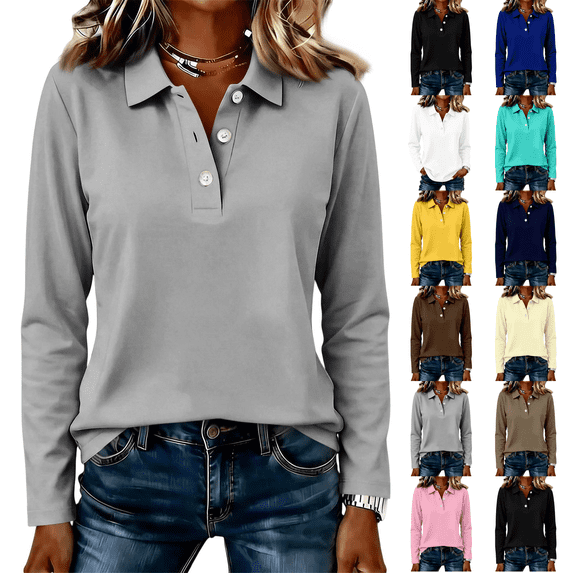 3/4 Sleeve Tops for Women Dressy Casual Quick Dry Button Lightweight Collared Polo Golf Shirts Gray L