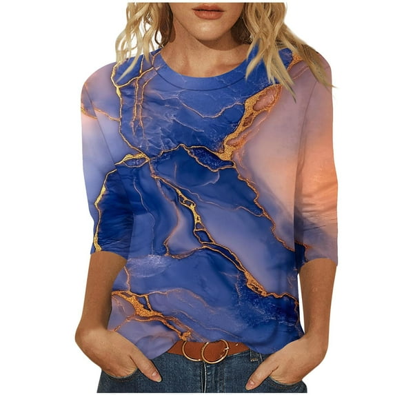 3/4 Sleeve Tops for Women Fashion Summer T-Shirts Round Neck Casual Blouses Loose Lightweight Marble Print Tee Shirts Womens Plus Size Tops Pullover