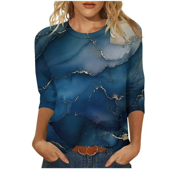 3/4 Sleeve Tops for Women Fashion Summer T-Shirts Round Neck Casual Blouses Loose Lightweight Marble Print Tee Shirts Womens Plus Size Tops Pullover