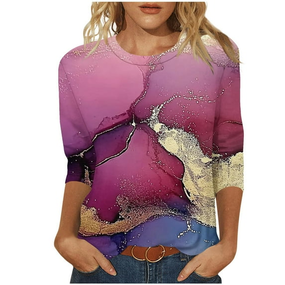 3/4 Sleeve Tops for Women Fashion Summer T-Shirts Round Neck Casual Blouses Loose Lightweight Marble Print Tee Shirts Womens Plus Size Tops Pullover