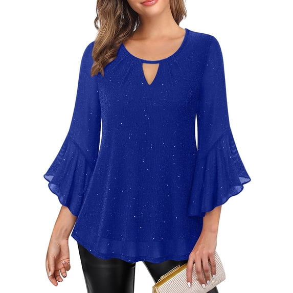 3/4 Sleeve Tops for Women Flutter Sleeve Ruffle Keyhole V-Neck Loose Fit Peplum Tunic Dressy Blouse