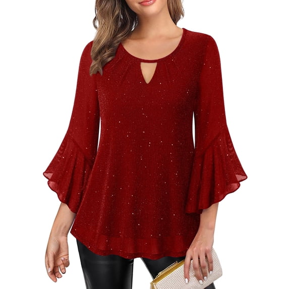 3/4 Sleeve Tops for Women Flutter Sleeve Ruffle Keyhole V-Neck Loose Fit Peplum Tunic Dressy Blouse