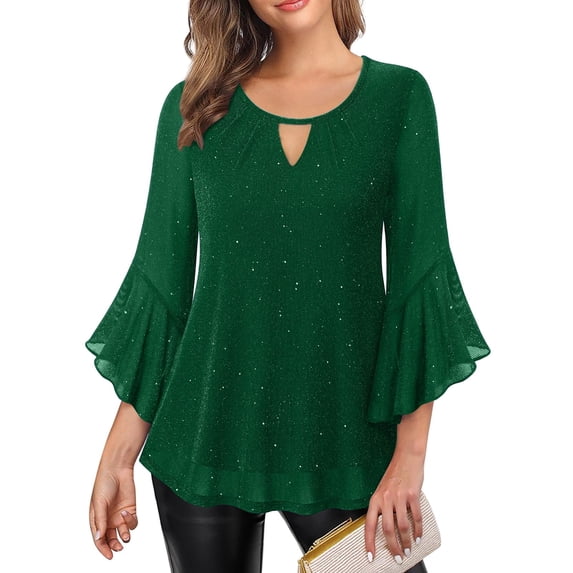 3/4 Sleeve Tops for Women Flutter Sleeve Ruffle Keyhole V-Neck Loose Fit Peplum Tunic Dressy Blouse