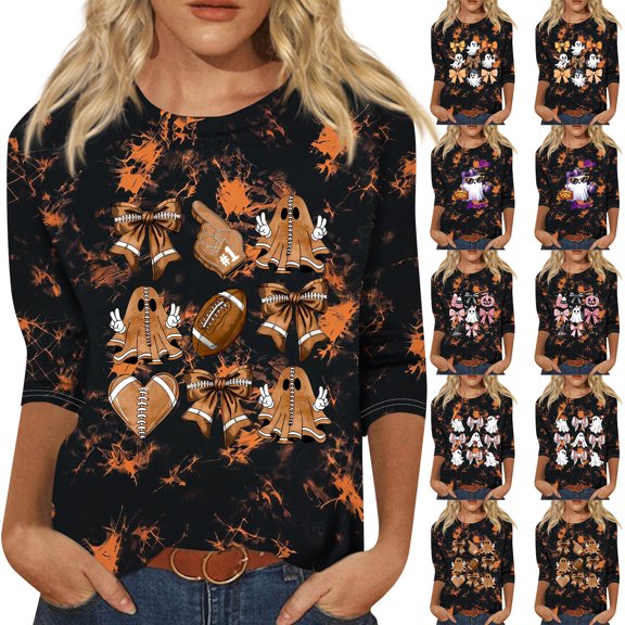 3/4 Sleeve Tops for Women Funny Ghost Pumpkin Tunic Casual Dressy Blouse Day Daily Shirt Halloween Thanksgiving Christmas Tops
