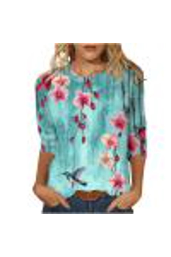 3/4 Sleeve Tops for Women Graphic Floral Print Crewneck Soft Polyester T Shirts Tshirts Casual Tunic Tees (M, Multicolor-B)