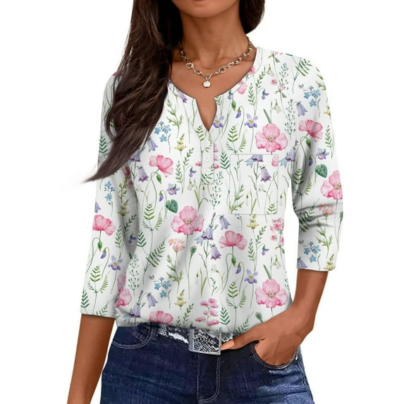 3/4 Sleeve Tops for Women Henley V Neck 3/4 Sleeve T Shirts Dressy Casual Half Sleeve Blouse Tees
