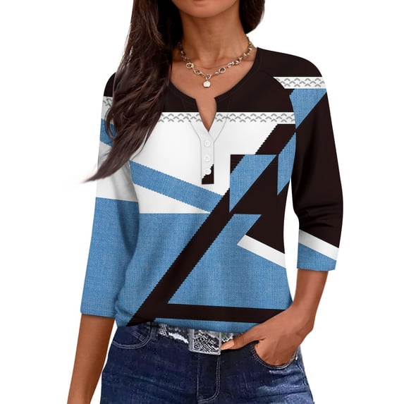 3/4 Sleeve Tops for Women Henley V Neck 3/4 Sleeve T Shirts Summer Casual Half Sleeve Blouse Tees