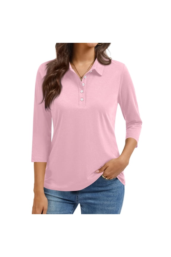 3/4 Sleeve Tops for Women Lapel Flattering V-Neck Polo Shirts for Women Button Solid Color Smart Tailored Fit Women's Tops, Tees & Blouses 2XL Pink