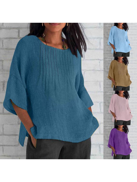 3/4 Sleeve Tops for Women Linen Look Shirts Side Split Casual Summer Solid Color 3 Quarter Length Sleeve Blouse T-Shirt