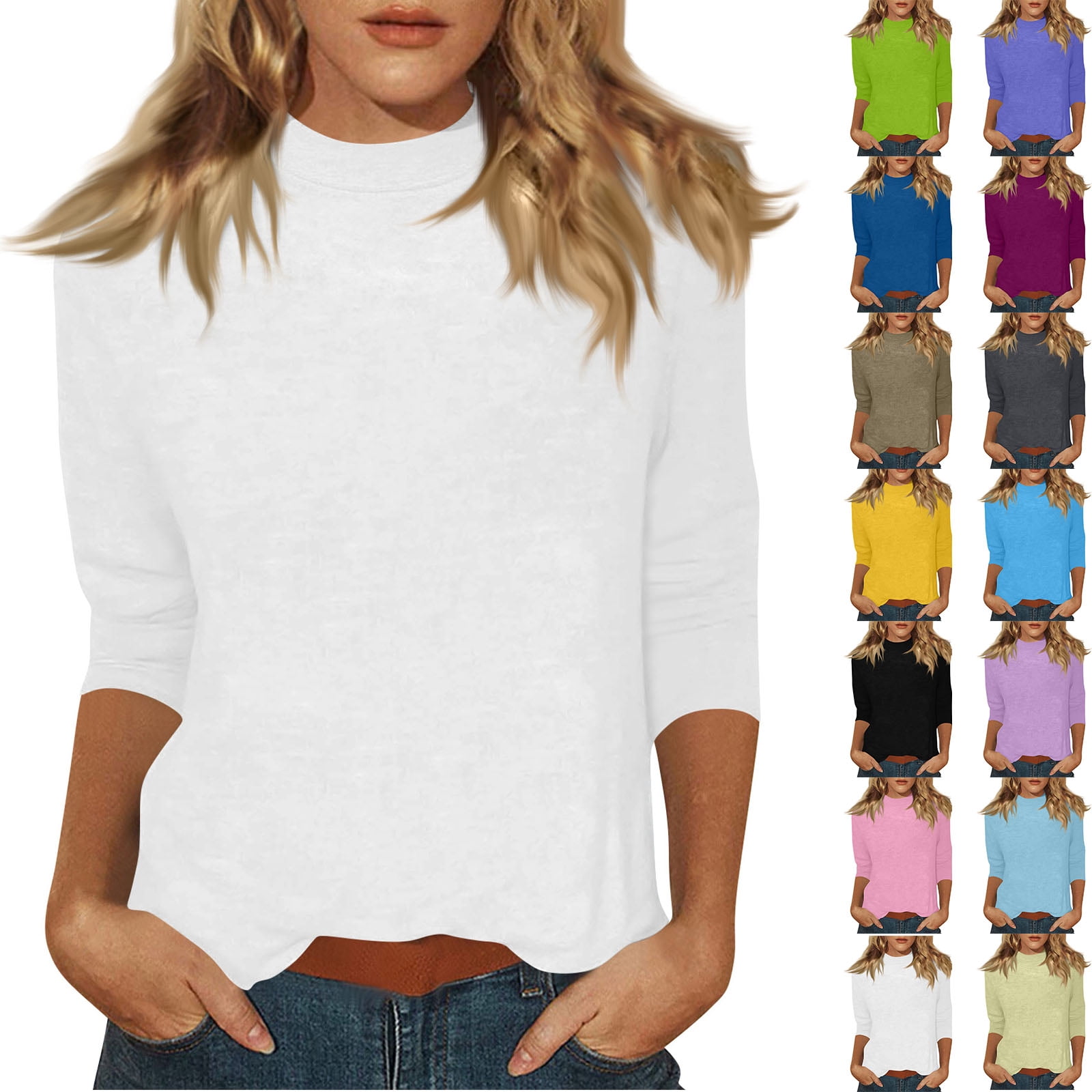 3/4 Sleeve Tops for Women Mock Neck Cute Casual Shirts Three Quarter ...