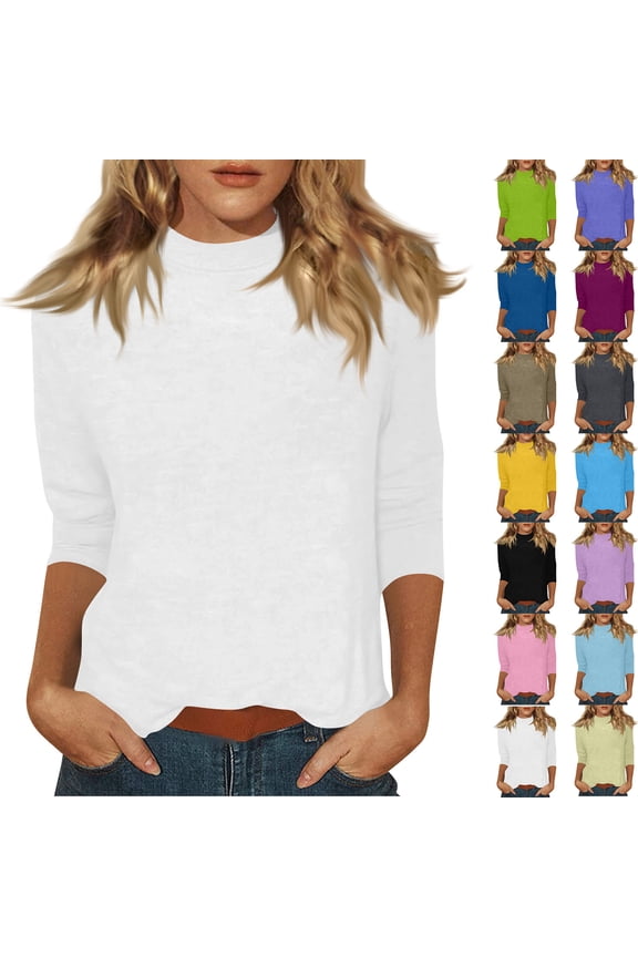 3/4 Sleeve Tops for Women Mock Neck Cute Casual Shirts Three Quarter Sleeve Loose Fit Blouses Dark Purple L
