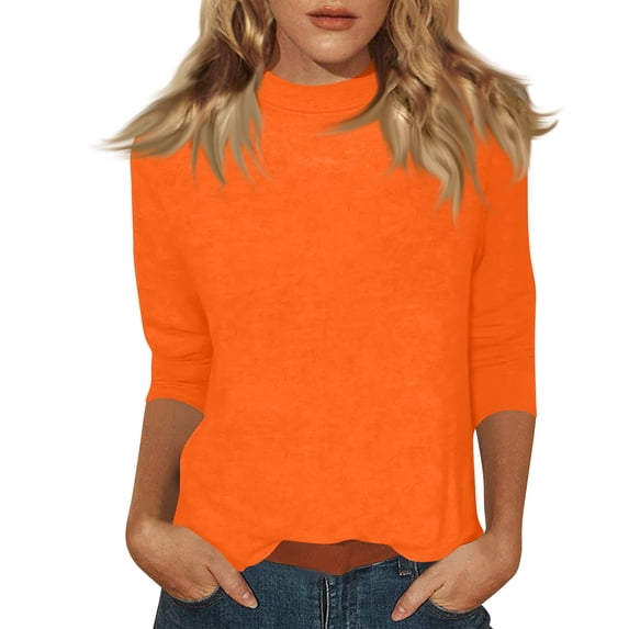 3/4 Sleeve Tops for Women Mock Turtleneck Tunic Tops Loose Fit Dressy Blouses Casual Shirts Preppy Basic Tees Orange 3XL